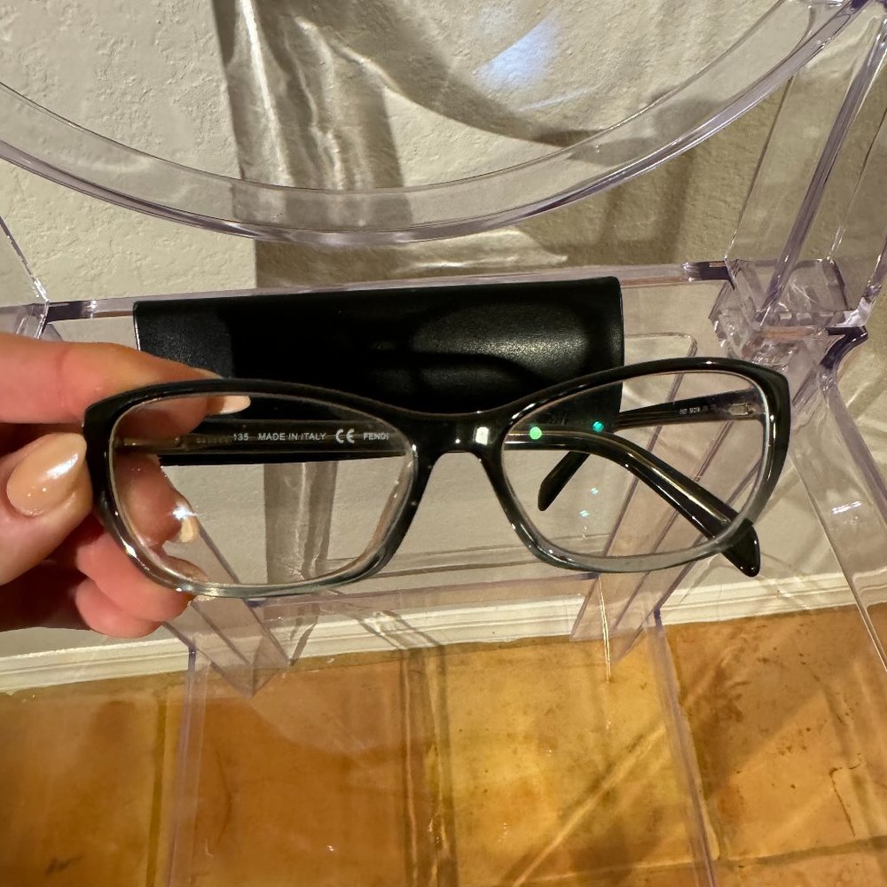 Fendi Gray, Clear, Silver Acetate Frames w/ Blue Light Lenses & Hard Case